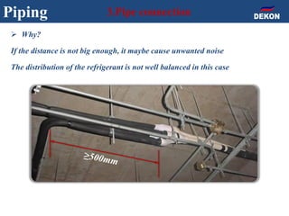 Piping 3.Pipe connection
 Why?
If the distance is not big enough, it maybe cause unwanted noise
The distribution of the refrigerant is not well balanced in this case
 