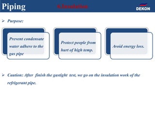 Piping 6.Insulation
Prevent condensate
water adhere to the
gas pipe
Protect people from
hurt of high temp.
Avoid energy loss.
 Purpose:
 Caution: After finish the gastight test, we go on the insulation work of the
refrigerant pipe.
 