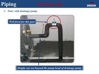 Piping 9.Drainage pipe
 Note: with drainage pump
Height can not beyond the pump head of drainage pump
Well fixed for this part
 