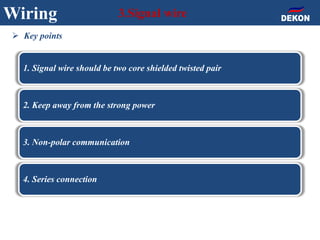 Wiring 3.Signal wire
1. Signal wire should be two core shielded twisted pair
2. Keep away from the strong power
3. Non-polar communication
4. Series connection
 Key points
 