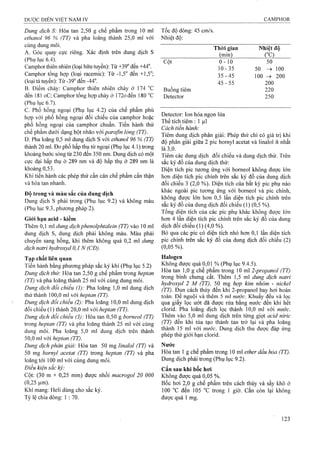 Dung dịch S: Hòa tan 2,50 g chế phẩm trong 10 ml
ethanol 96 % (TT) và pha loãng thành 25,0 ml với
cùng dung môi.
A. Góc quay cực riêng. Xác định trên dung dịch s
(Phụ lục 6.4).
Camphor thiên nhiên (loại hữu tuyền): Từ +39° đến +44°.
Camphor tổng họp (loại racemic): Từ -1,5° đến +1,5°;
(loại tả tuyền): Từ-39° đến-44°.
B. Điểm chảy: Camphor thiên nhiên chảy ở i74
đến 181 oC; Camphor tổng họp chảy ở 172ođến 180 °c
(Phụ lục 6.7).
c. Phổ hồng ngoại (Phụ lục 4.2) của chế phẩm phù
hợp với phổ hồng ngoại đối chiếu của camphor hoặc
phổ hồng ngoại cùa camphor chuẩn. Tiến hành thử
chế phẩm dưới dạng bột nhão với parafin lỏng (TT).
D. Pha loãng 0,5 ml dung dịch s với ethanol 96 % (TT)
thành 20 mỉ. Đo phổ hấp thụ tử ngoại (Phụ lục 4.1) ữong
khoảng bước sóng từ 230 đến 350 nm. Dung dịch có một
cực đại hấp thụ ở 289 nm và độ hấp thụ ở 289 nm là
khoảng 0,53.
Khi tiến hành các phép thử cần cân chế phẩm cẩn thận
và hòa tan nhanh.
Độ trong và màu sắc của dung dịch
Dung dịch s phải trong (Phụ lục 9.2) và không màu
(Phụ lục 9.3, phương pháp 2).
Giói hạn acid - kiềm
Thêm 0,1 ml dung dịch phenolphíalein (TT) vào 10 ml
dung dịch s, dung dịch phải không màu. Màu phải
chuyen sang hồng, khi thêm không quá 0,2 ml dung
dịch natrỉ hydroxyd 0,1 N (CĐ).
Tạp chất liên quan
Tiến hành bằng phương pháp sắc ký khí (Phụ lục 5.2)
Dung dịch thử: Hòa tan 2,50 g chế phẩm trong heptan
(TT) và pha loãng thành 25 ml với cùng dung môi.
Dung dịch đoi chiếu (1): Pha loãng 1,0 ml dung dịch
thử thành 100,0 ml với heptan (TT).
Dung dịch đối chiếu (2): Pha loãng 10,0 ml dung dịch
đối chiếu (1) thành 20,0 ml với heptan (TT).
Dung dịch đối chiếu (3): Hòa tan 0,50 g borneol (TT)
trong heptan (TT) và pha loãng thành 25 ml với cùng
dung môi. Pha loãng 5,0 ml dung dịch trên thành
50,0 ml với heptan (TT).
Dung dịch phân giải: Hòa tan 50 mg linalol (TT) k
50 tng bomyl acetat (TT) trong heptan (TT) và pha
loãng tới 100 ml với cùng dung môi.
Điều kiện sắc kỷ:
Cột: (30 m X 0,25 mm) được nhồi macrogol 20 000
(0,25 ụm).
Khí mang: Heli dùng cho sắc ký.
Tỷ lệ chia dòng: 1 : 70.
Tốc độ dòng: 45 cm/s.
Nhiệt độ:
Thòi gian
(min)
Nhiêt đô
r c )
Cột 0 - 10 50
10-35 50 100
35 - 45 100 -> 200
‘45 - 55 200
Buồng tiêm 220
Detector 250
Detector; lon hóa ngọn lửa
Thể tích tiêm : 1 )J,1
Cách tiến hành:
Tiêm dung dịch phân giải: Phép thử chỉ có giá trị khi
độ phân giải giữa 2 pic bomyl acetat và linalol ít nhất
lấ3,0. ^ _
Tiêm các dung dịch đối chiếu và dung dịch thử. Trên
sắc ký đồ của dung dịch thử:
Diện tích pic tương ứng với borneol không được lớn
hơn diện tích pic chính trên sắc ký đồ của dung dịch
đối chiếu 3 (2,0 %). Diện tích của bất kỳ pic phụ nào
khác ngoài pic tương ứng với borneol và pic chính,
không được lÓTi hơn 0,5 lần diện tích pic chính trên
sắc ký đồ của dung dịch đối chiếu (1) (0,5 %).
Tổng diện tích của các pic phụ khác không được lớn
hon 4 lần diện tích pic chính trên sắc ký đồ của dung
dịch đối chiếu (1) (4,0 %).
Bỏ qua các pic có diện tích nhỏ hơn 0,1 lần diện tích
pic chính trên sắc ký đồ của dung dịch đối chiếu (2)
(0,05 %).
Halogen
Không được quá 0,01 % (Phụ lục 9.4.5).
Hòa tan 1,0 g chế phẩm trong 10 ml 2-propanol (TT)
trong bình chưng cất. Thêm 1,5 ml dung dịch natri
hydroxyd 2 M (TT), 50 mg hợp kim nhôm - nickeỉ
(TT). Đụn cách thủy đên khi 2-propanoI bay hơi hoàn
toàn. Đe nguội và thêm 5 ml nước. Khuấy đều và lọc
qua giấy lọc ưót đã được rửa bằng n ư ớ c đến khi hết
clorid. Pha loãng dịch lọc thành 10,0 ml với nước.
Thêm vào 5,0 ml dung dịch trên từng giọt acid niric
(TT) đến khi tủa tạo thành tan trờ lại và pha loãng
thành 15 ml với nước. Dung dịch thu được đáp ứng
phép thử giới hạn clorid.
Nước
Hòa tan 1 g chế phẩm trong 10 ml ether dầu hỏa (TT).
Dung dịch phải trong (Phụ lục 9.2).
Cắn sau khi bốc hoi
Không được quá 0,05 %.
Bốc hơi 2,0 g chế phẩm trên cách thủy và sấy khô ở
100 °c đến 105 “c trong 1 giờ. cắn còn lại không
được quá 1 mg.
 