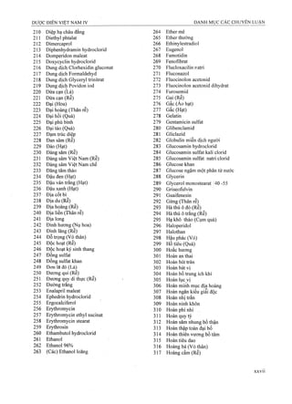 210 Diệp hạ châu đắng
211 Diethyl phtalat
212 Dimercaprol
213 Diphenhydramin hydroclorid
214 Domperidon maleat
215 Doxycyclin hydroclồrid
216 Dung dịcl^ Clorhexidin gluconat
217 Dung dịch Formaldehyd
218 Dung dịch Glyceryl trinitrat
219 Dụng dịch Povidon iod
220 Dừa cạn (Lá).
221 Dừa cạn (Rê)
222 Đại (Hòa)
223 Đại hoàng (Thân rễ)
224 Đại hồi (Quả)
225 Đại phù bình
226 Đại táo (Quả)
227 Đạm trúc diệp
228 Đan sâm (Rễ)
229 Đào (Hạt) _
230 Đảng sâm (Rễ)
231 Đảng sâm Việt Nam (Rễ)
232 Đảng sâm Việt Nam chế
233 Đăng tâm thảo
234 Đậu đen (Hạt)
235 Đậu ván trắng (Hạt)
236 Đậu xanh (Hạt)
237 Địa cốt bì
238 Đ ịadu(R ễ)^
239 Địa hoàng (Rễ)
240 ĐÌa liền (Thân rễ)
241 Địa long
242 Đinh hương (Nụ hoa)
243 Đinh lăng (Rễ)
244 Đỗ trọng (Vỏ thân)
245 Độc hoạt (Rễ)
246 Độc hoạt ký sinh thang
247 Dongsulfat
248 Đồng sulfat khan
249 Đơn lá đỏ (Lá)
250 Đương qui (Rễ)
251 ĐưoTĩg quy di thực (Rễ)
252 Đưòfng trắng
253 Enalapril maleat
254 Ephedrin hydroclorid
255 Ergocalciferol
256 Erythromycin
257 Erythromycin ethyl sucinat
258 Erythromycin stearat
259 Ei^hrosin
260 Ethambutol hydroclorid
261 Ethanol
262 Ethanol 96%
263 (Các) Ethanol loãng
264 Ether mê
265 Ether thường
.266 Ethinylestradiol
267 Eugenol
268 Famotidin
269 Fenofibrat
270 Flucloxacilin naừi
271 Fluconazol
272 Fluocinolon acetonid
273 Fluocinolon acetonid dihydrat
274 Furosemid
275 Gai(Re)
276 Gac (Áo hạt)
277 Gấc (Hạt)
278 Gelatin
279 Gentamicin Sulfat
280 Glibenclamid
281 Gliclazid
282 Globulin miễn dịch người
283 Glucosamin hydrocỉorid
284 Glucosamin Sulfat kali clorid
285 Glucosamin Sulfat natri clorid
286 Glucose khan
287 Glucose ngậm một phân tử nước
288 Glycerin
289 Glycerol monostearati [40 -55
290 Griseofulvin
291 Guaifenesin
292 Gừng (Thân rễ)
293 Hà thủ ô đỏ (Rễ) _
294 Hà thủ ô trắng (Rễ)
295 Hạ khô thảo (Cụm quả)
296 Haloperidol
297 Halothan
298 Hậu phác (Vỏ)
299 HỒ tiêu (Quả)
300 Hoắc hương
301 Hoàn an thai
302 Hoàn bát trân
303 Hoàn bát vị
304 Hoàn bổ ừung ích khí
305 Hoàn lục yị
306 Hoàn minh mục địa hoàng
307 Hoàn ngân kiều giai độc
308 Hoàn nhị trần
309 Hoận ninh khôn
310 Hoàn phì nhi ,
311 Hoàn quy tỳ
312 Hoàn sâm nhung bổ thận
313 Hoàn thập toàn đại bổ
314 Hoàn thiên vương bổ tâm
315 Hoàn tiêu dao
316 Hoàng bá (Vỏ thân)
317 Hoàng cầm (Rễ)
 
