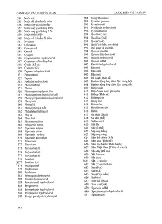 534 Nước cất 588 Propylthiouracil
535 Nước để pha thuốc tiêm 589 Pyrantel pamoat
536 Nước oxy già đậm đặc 590 Pyrazinamid
537 Nước oxy già loãng 10% 591 Pyridoxin hydroclorid
538 Nước oxy già loãng 3 % 592 Pyrimethamin
539 Nước tinh khiết 593 Qua lâu (H ạt)
540 Nước vô khuẩn để tiêm 594 Qua lâu (Quả)
541 Nystatin 595 Quế (Cành)
542 Ofloxacin 596 Quế (Vỏ thân, vỏ cành)
543 Omeprazol 597 Qui giáp và qui bản
544 Oresol 598 Quinin bisulfat
545 Oxygen 599 Quinin dihydroclorid
546 Oxymetazolin hydroclorid 600 Quinin hydroclorid
547 Oxytetracyclin dihydrat 601 Quinin sulfat
548 Ô đầu (Re củ) 602 Ranitidin hydroclorid
549 Ô dược(Rễ) 603 Rau má
550 Papaverin hydroclorid 604 Rau sam
551 Paracetamol 605 Rầu mèo
552 Pepsin 606 Rẻ quạt (Thân rễ)
553 Pethidin hydroclorid 607 Retinol tổng hợp đậm đặc dạng bột
554 Phénobarbital 608 Retinol tổng hợp đậm đặc dạng dầu
555 Phenol 609 Riboflavin
556 Phenoxymethylpenicilin 610 Riboflavin Hatri phosphat
557 Phenoxymethylpenicilin kali 611 Riềng (Thân rễ)
558 Phenylpropanolamin hydroclorid 612 Rifampicin
559 Phenytoin 613 Rong mơ
560 Phòng kỷ 614 Rotundin
561 Phòng phong (Rễ) 615 Roxithromycin
562 Phthalylsulfathiazol 616 Rutin
563 Phụ tử 617 Sa nhân (Quả)
564 Phục linh 618 Sa sâm (Rễ)
565 Phytomenadion 619 Salbutamol
566 Pilocarpin nitrat 620 Sài đất
567 Piperazin ạdipat 621 Sài hồ (Rễ)
568 Piperazin citrat 622 Sáp ong trắng
569 Piperazin hydrat 623 Sáp ong vàng
570 Piperazin phosphat 624 Sâm bố chính (Rễ)
571 Piracetam 625 Sâm cau (Thân rễ)
572 Piroxicam 626 Sâm đại hành (Thân hành)
573 Polysorbat 20 627 Sâm Việt Nam (Thân rễ và rễ)
574 Polysorbat 60 628 Sắn dây (Rễ củ)
575
576
Polysorbat 80
Povidon
629
630
Sắt fumarat
Sắt oxyd
Ặ577
578
579
Povidon iod
Praziquantel
Prednisolon
632
633
Sắt (II) sulfat
Sắt (II) sulfat khô
Sen (Hạt)
580 Prednison
634 Sen (Lá)
581 Primaquin diphosphat 635
636
637
638
639
640
641
Sen (Cây mầm)
Sorbitol
Sơn thù (Quả)
Sơn ừa (Quả)
Spartein sulfat
Spectinomycin hydroclorid
Spiramycin
582
583
584
585
586
Procain hydroclorid
Procainamid hydroclorid
Progesteron
Promethazin hydroclorid
Propranolol hydroclorid
587 Propyl parahydroxybenzoat
 