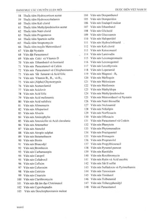 58 Thuốc tiêm Hydrocortison acetat 104 Viên nén Dexpanthenol
59 Thuốc tiêm Hydroxocobalamin 105 Viên nén Domperidon
60 Thuốc tiêm Kali clorid 106 Viên nén Enalapril maleat
61 Thuốc tiêm Methylprednisolon acetat 107 Viên nén Ethambutol
62 Thuốc tiêm Natri clorid 108 Viên nén Gliclazid
63 Thuốc tiêm Progesteron 109 Viên nén Glucozamin
64 Thuốc tiêm Spartein Sulfat 110 Viên nén Haloperidol
»65 Thuốc tiêm Streptomycin 111 Viên nén Hydroclothiazid ,
66 Thuốc tiêm truyền Metronidazol 112 Viên nén Kali clorid
67 Viên đặt Nystatin 113 Viên nén Ketoconazol
68 Viên đặt Paracetamol 114 Viên nén Lamivudin
69 Viên nén Calci và Vitamin D 115 Viên nén Levomepromazin
70 Viên nén Ethambutol và Isoniasid 116 Viên nén Levonogestrel
71 Viên nén Paracetamol và Cafein 117 Viên nén Levothyrosin
72 Viên nén Paracetamol và Chlopheniramin 118 Viên nén Loperamid
73 Viên nén sắt fumarat và Acid folic 119 Viên nén Magnesi - Bô
74 Viên nén Vitamin B], Bô vàBi2 120 Viên nén Mefloquin
75 Viên nén (Alpha) Chymotrypsin 121 Viên nén Meloxicam
76 Viên nén Acetazolamid 122 Viên nén Metformin
77 Viên nén Aciclovir 123 Viên nén Methyldopa
78 Viên nén Acid folic 124 Viên nén Methylprednisolon
79 Viên nén Acid mefenamic 125 Viên nén Metronidazol và Nystatin
80 Viên nén Acid nalidixic 126 Viên nén Natri thiosulfat
81 Viên nén Alimemazin 127 Viên nén Niclosamid
82 Viên nén Allopurinol 128 Viên nén Nifedipin
83 Viên nén Alverin 129 Viên nén Norfloxacin
84 Viên nén Aminophylin 130 Viên nén Ofloxacin
85 Viên nén Amoxicilin và Acid clavulanic 131 Viên nén Paracetamol và Codein
86 Viên nén Artemether 132 Viên nén Phenytoin
87 Viên nén Atenolol 133 Viên nén Phytomenadion
88 Viên nén Atropin sulphat 134 Viên nén Praziquantel
89 Viên nén Betamethason 135 Viên nén Primaquin
90 Viên nén Biotin 136 Viên nén Propranolol
91 Viên nén Bisacodyl 137 Viên nén Propylthiouracil
92 Viên nén Bromhexin 138 Viên nén Pyrantel pamoat
93 Viên nén Carbamazepin 139 Viên nén Ranitidin
94 Viên nén Catopril 140 Viên nén Roxithromycin
95 Viên nén Cefadroxil 141 Viên nén Rutin và Acid ascobic
96 Viên nén Cefixim 142 Viên nén sắtII Sulfat
97 Viên nén Cefuroxim 143 Viên nén Sulfadoxin và Pyrimethamin
98 Viên nén Cetirizin 144 Viên nén Tenoxicam
99 Viên nén Cinarizin 145 Viên nén Tinidazol
100 Viên nén Clarithromycin 146 Viên nén Tolbutamid
101 Viên nén đặt âm đạo Clotrimazol 147 Viên nén Trihexyphenidyl
102 Viên nén Cyproheptadin 148 Viên sủi Paracetamol
103 Viên nén Dexclorpheniramin maleat
 