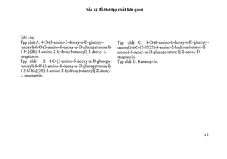 sắc ký đồ thử tạp chất liên quan
Ghi chú:
Tạp chất A: 4-0-(3-amino-3-deoxy-a-D-glucopy-
ranosyl)-6-0-(6-amino-6-deoxy-a-D-glucopyranosyl)-
l-N-[(2S)-4-amino-2-hydroxybutanoyl]-2-deoxy-L-
streptamin.
Tạp chất B; 4-0-(3-amino-3-deoxy-a-D-glucopy-
ranosyl)-6-0-(6-am ino-6-deoxy-a-D-glucopyranosy1)-
l,3-N-bis[(2S)-4-amino-2-hydroxybutanoyl]-2-deoxy-
L-streptatnin.
Tạp chất C: 4-0-(6-amino-6-deoxy-a-D-glucopy-
ranosyl)-6-0-[3-[[(2S)-4-amino-2-hydroxybutanoyl]-
amino]-3-deoxy-a-D-glucopyranosyl]-2-deoxy-D-
streptamin.
Tạp chất D: Kanamycin.
 
