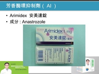 芳香酶環抑制劑（ AI ）
• Arimidex  安美達錠
• 成分 : Anastrozole
 