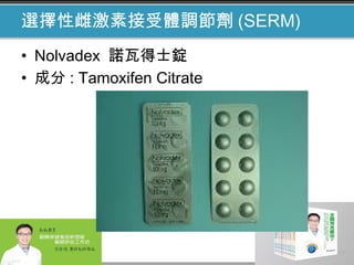 選擇性雌激素接受體調節劑 (SERM)
• Nolvadex 諾瓦得士錠
• 成分 : Tamoxifen Citrate
 