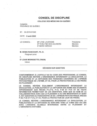 Décision disciplinaire de l’Ordre des médecins du Québec - No. 24-2018-01040