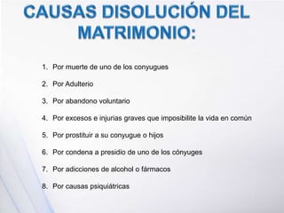 1. Por muerte de uno de los conyugues
2. Por Adulterio
3. Por abandono voluntario
4. Por excesos e injurias graves que imposibilite la vida en común
5. Por prostituir a su conyugue o hijos
6. Por condena a presidio de uno de los cónyuges
7. Por adicciones de alcohol o fármacos
8. Por causas psiquiátricas
 