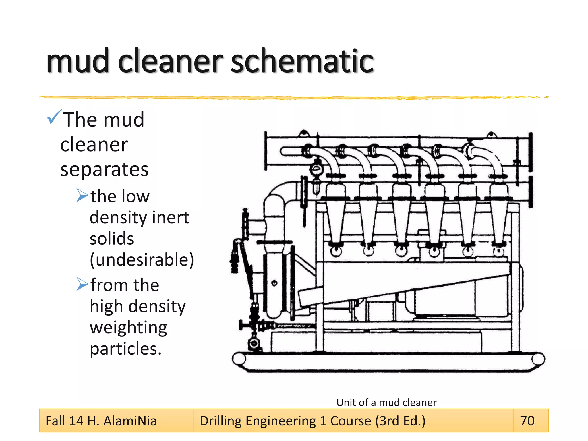 mud cleaner schematic 
 
The mud cleaner separates 
 
the low density inert solids (undesirable) 
 
from the high density weighting particles. 
Unit of a mud cleaner 
Fall 14 H. AlamiNia Drilling Engineering 1 Course (3rd Ed.) 70 
 