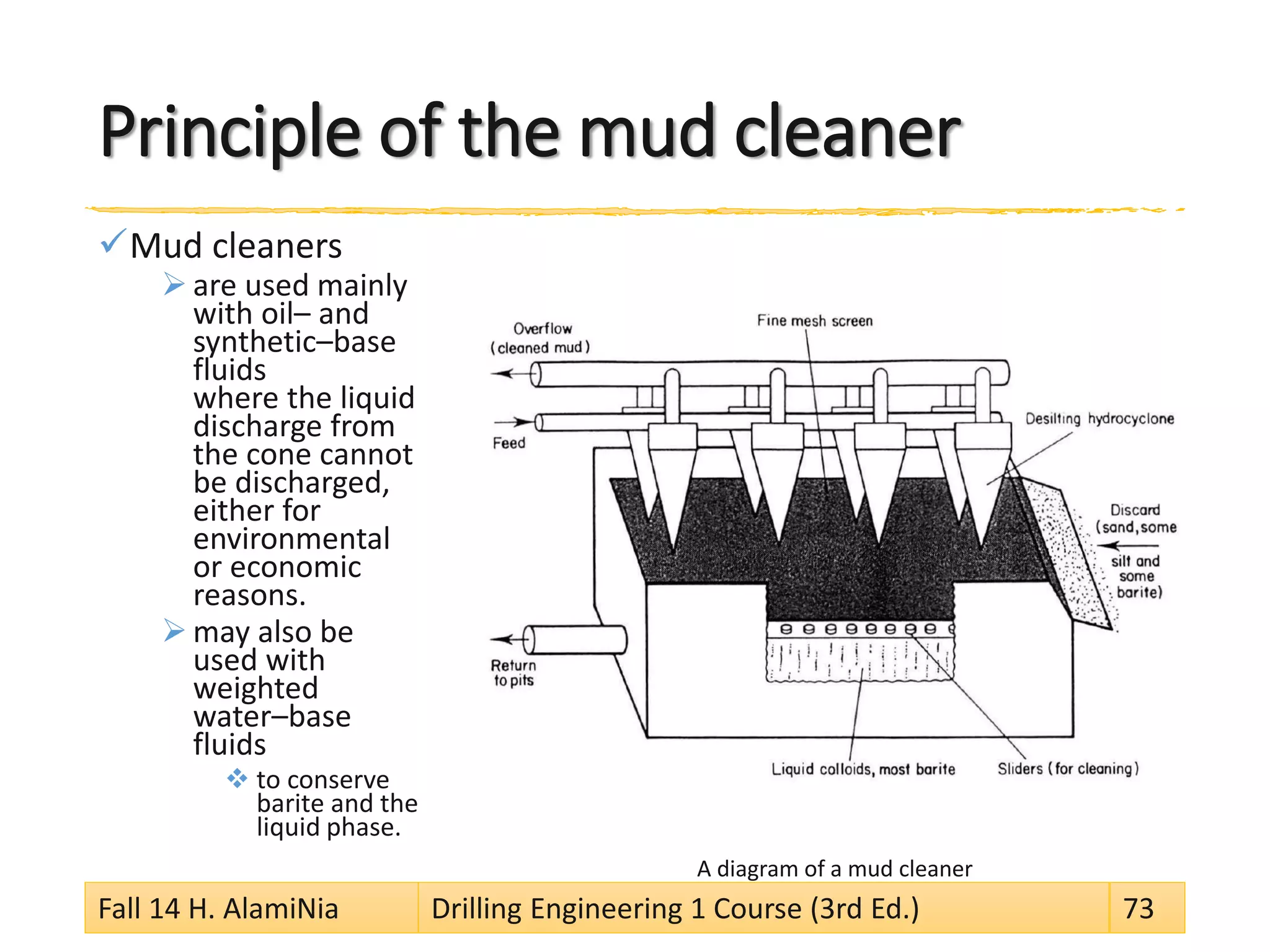 Principle of the mud cleaner 
 
Mud cleaners 
 
are used mainly with oil–and synthetic–base fluids where the liquid discharge from the cone cannot be discharged, either for environmental or economic reasons. 
 
may also be used with weighted water–base fluids 
 
to conserve barite and the liquid phase. 
A diagram of a mud cleaner 
Fall 14 H. AlamiNia Drilling Engineering 1 Course (3rd Ed.) 73 
 