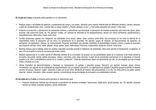 Diseño Curricular de la Educación Inicial - Ministerio de Educación de la Provincia de Córdoba
107
En la sala de 3 años, el docente podría planificar en su intervención:
 Realizar juegos y actividades de aparición y ocultamiento del cuerpo y sus partes, utilizando como soporte material telas de diferentes tamaños, colores y texturas,
a partir de consignas tales como: ¿Quedó todo el cuerpo cubierto? ¿Pueden destapar un pie? ¿Y dos partes pequeñas del cuerpo?, entre otras.
 Proponer la producción y reproducción de situaciones motrices y ludomotrices que favorezcan la percepción de diversos contrastes: más lento-más rápido; gritar-
susurrar; más suave-más fuerte, etc. Por ejemplo: rondas, con cambios de velocidad en los desplazamientos, danzas con ritmos cambiantes, equilibraciones y
reequlilibraciones, saltos altos y bajos, entre otros.
 Facilitar situaciones jugadas con integración de habilidades como lanzar, patear, hacer puntería, entre otras, que provoquen en los niños el disfrute de su
disponibilidad motriz, la interacción con los otros y la verbalización de lo aprendido. Por ejemplo, juegos de imitación, de descubrimiento, de repetición, de
percepción, de exploración, rítmicos, de reconocimiento. Proponer actividades que permitan manifestar la disponibilidad corporal y motriz a través de recorridos
que requieran caminar, correr, saltar, galopar, lanzar, gatear, trepar, balancearse, traccionar, suspenderse, tensionar, recorrer, entre otras.
 Destinar tiempos para el diálogo sobre los cambios corporales ocurridos durante la realización de actividades, tales como percibir la transpiración, la agitación, la
sed, a fin de propiciar la toma de conciencia del propio cuerpo.
 Realizar experiencias en el medio natural en diferentes ámbitos de la comunidad, de acuerdo con las posibilidades reales de la institución y del medio donde se
encuentra. Se podrán realizar salidas educativas, visitas o recorridos, entre otras opciones. A partir de las actividades ludomotrices en la naturaleza, el docente
ayudará a los niños a sensibilizarse acerca de su cuidado y protección. Todas las experiencias deben ser placenteras; por ello, es aconsejable que las jornadas
inicien y finalicen en el día.
 Utilizar diversidad de elementos/objetos y favorecer su manipulación, en parejas o pequeños grupos. Descubrir, por ejemplo, texturas, pesos, formas,
movimientos, son algunas de las actividades de experimentación que se sugieren para tal fin. La organización en parejas o pequeños grupos le permite al docente
recorrer los grupos, observar, sugerir, responder a cada uno de los niños, alentando de manera más personalizada. A su vez, los niños junto a sus pares, podrán
observar, mostrar, demostrar, imitar, ensayar, explorar, incrementando las oportunidades de enriquecer sus posibilidades motrices.
En las salas de 4 y 5 años, el docente podría planificar su intervención para:
 Proponer situaciones motrices que favorezcan la percepción de diversos contrastes: fuerte-suave, rápido-lento, acción-quietud, etc. Por ejemplo, proponer
danzas con estilos musicales variados y ritmos cambiantes.
 