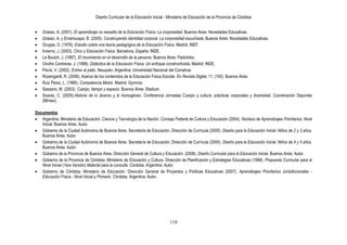 Diseño Curricular de la Educación Inicial - Ministerio de Educación de la Provincia de Córdoba
110
Grasso, A. (2001). El aprendizaje no resuelto de la Educación Física: La corporeidad. Buenos Aires: Novedades Educativas.
Grasso, A. y Erramouspe, B. (2005). Construyendo identidad corporal. La corporeidad escuchada. Buenos Aires: Novedades Educativas.
Gruppe, O. (1976). Estudio sobre una teoría pedagógica de la Educación Física. Madrid: INEF.
Inverno, J. (2003). Circo y Educación Física. Barcelona, España: INDE.
Le Boulch, J. (1997). El movimiento en el desarrollo de la persona. Buenos Aires: Paidotribo.
Onofre Contreras, J. (1998). Didáctica de la Educación Física. Un enfoque constructivista. Madrid: INDE.
Pavía, V. (2002). Entren al patio. Neuquén, Argentina: Universidad Nacional del Comahue.
Rozengardt, R. (2006). Acerca de los contenidos de la Educación Física Escolar. En Revista Digital, 11. (100), Buenos Aires.
Ruiz Perez, L. (1995). Competencia Motriz. Madrid: Gymnos.
Sassano, M. (2003). Cuerpo, tiempo y espacio. Buenos Aires: Stadium.
Soares, C. (2005).Historia de lo diverso y lo homogéneo. Conferencia Jornadas Cuerpo y cultura: prácticas corporales y diversidad. Coordinación Deportes
(Mimeo).
Documentos
Argentina. Ministerio de Educación, Ciencia y Tecnología de la Nación. Consejo Federal de Cultura y Educación (2004). Núcleos de Aprendizajes Prioritarios .Nivel
Inicial. Buenos Aires: Autor.
Gobierno de la Ciudad Autónoma de Buenos Aires. Secretaría de Educación. Dirección de Currícula (2000). Diseño para la Educación Inicial. Niños de 2 y 3 años.
Buenos Aires: Autor.
Gobierno de la Ciudad Autónoma de Buenos Aires. Secretaría de Educación. Dirección de Currícula (2000). Diseño para la Educación Inicial. Niños de 4 y 5 años.
Buenos Aires: Autor.
Gobierno de la Provincia de Buenos Aires. Dirección General de Cultura y Educación. (2008). Diseño Curricular para la Educación Inicial. Buenos Aires: Autor.
Gobierno de la Provincia de Córdoba. Ministerio de Educación y Cultura. Dirección de Planificación y Estrategias Educativas (1998). Propuesta Curricular para el
Nivel Inicial (1era Versión) Material para la consulta. Córdoba, Argentina: Autor.
Gobierno de Córdoba. Ministerio de Educación. Dirección General de Proyectos y Políticas Educativas (2007). Aprendizajes Prioritarios Jurisdiccionales -
Educación Física - Nivel Inicial y Primario. Córdoba, Argentina: Autor.
 