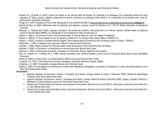 Diseño Curricular de la Educación Inicial - Ministerio de Educación de la Provincia de Córdoba
152
Pereira, M. y Di Scala, M. (2003). Lectura de cuentos en voz alta por parte del docente. Su incidencia en el despliegue de la capacidad narrativa de niños
pequeños. En Niños, cuentos y palabras. Experiencias de lectura y escritura en la educación infantil. Serie 0 a 5, la educación en los primeros años. Tomo 49.
Buenos Aires: Novedades Educativas.
Poggi, M. A. (2007) Oralidad en el Nivel Inicial. Recuperado el 2 de diciembre de 2008, de www.educaciontdf.gov.ar/dgyce/docuemntos/fundamen-oralidad.pdf
Puerta de Pérez, M. (2000). Reflexiones sobre la enseñanza de la literatura: ¿corazón o razón? En Educere, 4 (11). 165-170. Mérida, Venezuela: Universidad de
los Andes.
Requejo, I. y Taboada, M.S. (2002). Lenguaje y Educación: las autorías de la palabra y del pensamiento en la infancia. Aportes y debates desde la Lingüística
Social. En Revista Digital UMBRAL, (8). Recuperado el 10 de diciembre de 2009, de www.reduc.cl
Reyes, Y. (2003 a). Cuando leer es mucho más que hacer tareas. En Nuevas Hojas de Lectura (3). Bogotá: Fundalectura.
Reyes, Y. (2003 b). Yo no leo. Alguien me lee, me descifra y escribe en mí. En Lecturas sobre Lectura. México: CONACULTA.
Reyes, Y. (2005). La lectura en la primera infancia. Bogotá: Centro Regional para el Fomento del Libro en América Latina y el Caribe – CERLALC.
Rosenblat, L. (1995). La literatura como exploración. México: Fondo de Cultura Económica.
Schritter, I. (2004). Objeto de lectura. En Punto de partida, revista de Educación Inicial, (9) Buenos Aires: DS Editora.
Schritter, I. (2005). La otra lectura. Las ilustraciones en los libros para niños. Buenos Aires: Lugar.
Silveyra, C. (2002). Literatura para no lectores. La literatura y el nivel Inicial. Rosario, Argentina: Homo Sapiens.
Siro, A., Castedo, M. L. Y Molinari, M. C. (1999). Enseñar y aprender a leer. Jardín de infantes y primer ciclo de la Educación Básica. Buenos Aires: Novedades
Educativas.
Souto, M. (2000). La clase escolar. Una mirada desde la didáctica de lo grupal. Buenos Aires: Paidós.
Vygotsky, L.S. (1979). El Desarrollo de los Procesos Psicológicos Superiores. Barcelona, España: Grijalbo.
Vygotsky, L. S. (1995). Pensamiento y lenguaje. Buenos Aires: Ediciones Fausto.
Zaina, A. (2000). Por una didáctica de la literatura en el Nivel Inicial. Reflexiones, interrogantes y propuestas. En Malajovich, A. (comp).Recorridos didácticos en el
Nivel Inicial. Buenos Aires: Paidós.
Documentos
Argentina. Ministerio de Educación, Ciencia y Tecnología de la Nación. Consejo Federal de Cultura y Educación (2004). Núcleos de Aprendizajes
Prioritarios. Nivel Inicial. Buenos Aires: Autor.
Argentina. Ministerio de Educación, Ciencia y Tecnología de la Nación. Consejo Federal de Cultura y Educación (2006). Juegos y Juguetes. Narración y
Bibliotecas. En Serie Cuadernos para el aula. Nivel Inicial. Buenos Aires: Autor.
Gobierno de la Ciudad Autónoma de Buenos Aires. Secretaría de Educación. Dirección de Currícula (2000 a). Diseño para la Educación Inicial. Niños de 2
y 3 años. Buenos Aires: Autor
Gobierno de la Ciudad Autónoma de Buenos Aires. Secretaría de Educación. Dirección de Currícula (2000 b). Diseño para la Educación Inicial. Niños de 4
y 5 años. Buenos Aires: Autor
 