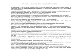 Diseño Curricular de la Educación Inicial - Ministerio de Educación de la Provincia de Córdoba
171
D‟ Angelo Menéndez, E. (1998). Un, dos, tres … Contemos al derecho y al revés. ¿Para qué sirve contar? En Itkin, S. (comp.). Educación matemática: Los
nuevos aportes didácticos para planificar y analizar actividades en el Nivel Inicial. . La educación en los primeros años. Serie 0 a 5 (2.) (pp. 54-65) Buenos
Aires: Novedades Educativas.
González Lemmi, A. (2000). El espacio sensible y el espacio geométrico. En Itkin, S. (comp.), Educación matemática: propuestas de trabajo, experiencias y
reflexiones. La educación en los primeros años. Serie 0 a 5, 3, (22). (pp. 42-61). Buenos Aires: Novedades Educativas.
González, A. y Weinstein, E. (2004). ¿Cómo enseñar matemática en el jardín? Buenos Aires: Colihue.
González, A. y Weinstein, E. (2006).La enseñanza de la Matemática en el Jardín de Infantes a través de secuencias didácticas. Rosario: Homo Sapiens.
Itkin, S. (comp.). (1999 ) Educación matemática: Los nuevos aportes didácticos para planificar y analizar actividades en el Nivel Inicial. La educación en los
primeros años. Serie 0 a 5 Nº 2. Buenos Aires: Novedades Educativas.
Itzcovich, H (coord.) (2008) La Matemática escolar. Las prácticas de enseñanza en el aula. (1ª ed.).Buenos Aires: Aique.
Lerner, D., Sadovsky, P. y Wolman, S. (1994). El sistema de numeración: un problema didáctico. En Parra, C. y Saiz, I. (comps.). Didáctica de las
matemáticas. Aportes y reflexiones. (pp. 95-184). Buenos Aires: Paidós.
Panizza, M. (comp.) (2003). Enseñar matemática en el Nivel Inicial y el primer ciclo de la EGB. Análisis y propuestas. Buenos Aires: Paidós.
Parra, C y Saiz, I. (comps.) (1994). Didáctica de las matemáticas. Aportes y reflexiones. Buenos Aires: Paidós.
Quaranta, M. E. (1999). ¿Qué entendemos hoy por hacer matemática en el Nivel Inicial? En Itkin, S. (comp.). Los nuevos aportes didácticos para planificar y
analizar actividades en el Nivel Inicial. Educación matemática. La educación en los primeros años. Serie 0 a 5, (2) (pp. 6-23). Buenos Aires: Novedades
Educativas.
Quaranta, M. E. y Tarasow, P. (2001). Validación y producción de conocimientos sobre las interpretaciones numéricas. Ponencia presentada en la
Decimoquinta Reunión Latinoamericana de Matemática Educativa.Buenos Aires.
Quaranta, M., Tarasow, P. y Wolman, S. (2003). Aproximaciones parciales a la complejidad del sistema de numeración: avances de un estudio acerca de las
interpretaciones numéricas. En Panizza, M. (comp.) Enseñar Matemática en el Nivel Inicial y Primer Ciclo de EGB: Análisis y Propuestas. (pp. 163-188). Buenos
Aires: Paidós.
Quaranta, M. E. y Ressia de Moreno, B. (2004). El copiado de figuras como un problema geométrico para los niños. En Itkin, S. (comp.). Educación
matemática: Enseñar Números, formas, cantidades y juegos. La educación en los primeros años. Serie 0 a 5, (56) (3°edic) (pp.16-35.) Buenos Aires:
Novedades Educativas.
Sadovsky, P. (2005). Enseñar matemática hoy. Miradas, sentidos y desafíos. Buenos Aires: Libros del Zorzal.
Saiz, I. (2003). La derecha...¿de quién? Ubicación espacial en el Nivel Inicial y en el primer ciclo de la EGB. En Panizza, M. (comp.). Enseñar Matemática en el
Nivel Inicial y Primer Ciclo de EGB. Análisis y Propuestas. ( pp. 245-287) Buenos Aires: Paidós.
Santaló, L. (1980). Por qué y Para qué enseñar Matemática en la Escuela. En Santaló, L. Matemática y Sociedad. Buenos Aires: Docencia.
Terigi, F. y Wolman, S. (2007). Sistema de numeración: consideraciones acerca de su enseñanza. En Revista Iberoamericana de Educación, (43), pp. 59-83.
Wolman, S (2000 a). La enseñanza de los Números en el Nivel Inicial y en Primer año de la EGB. En Kaufman, A.M. (comp.). Letras y Números. Alternativas
didácticas para Jardín de Infantes y Primer Ciclo de la EGB. (pp.161-254) Buenos Aires: Santillana.
 