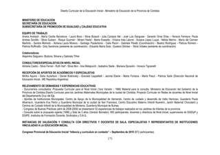 Diseño Curricular de la Educación Inicial - Ministerio de Educación de la Provincia de Córdoba
173
MINISTERIO DE EDUCACIÓN
SECRETARÍA DE EDUCACIÓN
SUBSECRETARÍA DE PROMOCIÓN DE IGUALDAD y CALIDAD EDUCATIVA
EQUIPO DE TRABAJO
Ariana Andreoli - María Cecilia Barcelona - Laura Bono - Silvia Bússoli - Julia Campos Alé - José Luis Danguise - Gerardo Omar Elías – Horacio Ferreyra- Paula
Andrea Gordillo - Silvia Gubiani - Roque Guzmán - Miriam Hadid - Marta Kowadlo - Viviana Inés Latorre - Susana López Luque - Nélida Marino - María del Carmen
Martinto - Sandra Molinolo - Adriana Laura Moreno - Santiago Paolantonio - Celia Pecini - Gabriela Peretti (Coordinación) - Beatriz Rodríguez - Patricia Romero -
Patricia Ruffinatto - Doly Sandrone (asistente de coordinación) - Eduardo María Sota - Gustavo Stricker - Silvia Vidales (asistente de coordinación)
Colaboradores
Alejandra Salgueiro- Bodoira, Silvana y Gabriela Tifner
CONSULTORES/ESPECIALISTAS EN NIVEL INICIAL
Adriana Castro - Silvia Ferrari - Ruth Harf - Silvia Itkin - Ana Malajovich - Isabelino Siede - Mariana Spravkin - Horacio Tignanelli
RECEPCIÓN DE APORTES DE ACADÉMICOS Y ESPECIALISTAS
Mirtha Aquino - Delia Azzerboni - Daniel Brailovsky - Graciela Cappelletti - Jacinta Eberle - Marta Fontana - Marta Pasut - Patricia Sarle (Dirección Nacional de
Educación Inicial - ME República Argentina)
RELEVAMIENTO DE DEMANDAS Y EXPERIENCIAS EDUCATIVAS
- Documentos consultados: Propuesta Curricular para el Nivel Inicial (1era Versión - 1998) Material para la consulta. Ministerio de Educación del Gobierno de la
Provincia de Córdoba.Diseño Curricular para los Jardines Maternales Municipales de la ciudad de Córdoba. Proyecto Curricular en Redes de docentes de Nivel Inicial
del Departamento Cruz del Eje.
- Aportes de Instituciones Municipales: Centro de Apoyo de la Municipalidad de Hernando, Centro de cuidado y desarrollo de Valle Hermoso, Guardería Paula
Albarracín, Guardería Eva Perón y Guardería Municipal de la ciudad de San Francisco, Centro Educativo Materno Infantil Nuevelín, Jardín Maternal Chocolatín y
Centros de Cuidado Infantil de la Municipalidad de Morteros, Guardería Municipal de Bulnes.
- Congreso de Buenas Prácticas (abril de 2008-2009) se presentaron 52 experiencias de trabajos realizados en los Jardines de Infantes de la provincia.
- Consulta sobre la propuesta vigente (1998) y Sala de 3 años (Versión Borrador): 950 participantes, docentes y directivos de Nivel Inicial, supervisores de DGEIyP y
DGIPE, Institutos de Formación Docente, Sindicatos y O.N.G.
INSTANCIAS DE VALIDACIÓN Y CONSULTA CON DIRECTIVOS Y DOCENTES DE SALA, ESPECIALISTAS Y REPRESENTANTES DE INSTITUCIONES
VINCULADAS A LA EDUCACIÓN INICIAL
Congreso Provincial de Educación Inicial “Infancia y curriculum en contexto” – Septiembre de 2010 (872 participantes)
 