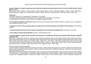Diseño Curricular de la Educación Inicial - Ministerio de Educación de la Provincia de Córdoba
175
Jornada de trabajo con el equipo de supervisores para el análisis de la propuesta curricular para sala de 3 años en el marco del Diseño del Nivel – Abril de
2009 (supervisores)
Colazzo, Cecilia – Budín, Ana María – Calviño, Ana María – Iturbe, Rosa Adela –Romero, Viviana – Garrido, María Alejandra – Tamborín, Graciela – Gigli, Maricel –
Subirach, María Alicia –Fenoglio, Laura – Schillone, María del Carmen – Monzón, Gloria Inés – Aríngoli, Rosa María – UNAVI, María Teresa - Zanello, Silvia
Conferencias:
“Evaluación en Nivel Inicial” Lic. Daniel Brailovsky - 150 asistentes – Junio de 2009
“La cuestión de género en Educación Sexual en Nivel Inicial” Lic. Daniel Brailovsky - 400 asistentes – Junio de 2009
“El rol del Directivo en el Nivel Inicial” Lic. Delia Azzerboni – 400 asistentes – Septiembre de 2009
- Cursos regionales de Didáctica de Nivel Inicial “Didáctica de Nivel Inicial. Diseño de Secuencias, Unidades y Proyectos” Lic. Mirtha G. Aquino - 725 asistentes –
Junio a Septiembre de 2009 (14 cursos).
N SERVICIO:
- Capacitación en servicio “Hacia una gestión situada...Una mirada crítica al Currículo de Educación Inicial desde el Jardín de Infantes” (4130 Directivos y
Docentes)
- Consulta Virtual 2010 (supervisores, directivos, docentes, especialistas y técnicos) Instituciones participantes: 667. (Coordinación: Lorena Noya)
- Cursos, talleres y seminarios presenciales 2010 (52 acciones – 2234 participantes en total)
- Jornadas de trabajo con equipos técnicos de las Direcciones Generales y de la Subsecretaría de Promoción de Igualdad y Calidad Educativa - Septiembre
y Octubre de 2009
Sarle, Patricia - González, María del Carmen - Pesqueira, Adriana- Bonetto, Alicia- Danguise, José Luis- Ruiz, Graciela - Monserrat, Pedro- Fassina, Mirta- Serione,
Fátima- Buriani, Andrea- Berardo, Susana - Fornasari, Mónica- Gallo, Giselda- Sandrone, Doly- Dorado, Mónica- Balistrelli, Patricia- Morales, Marta- Larrovere, Cecilia-
Gaitán, Graciela- Gomez, Silvia- Vidales, Silvia - Galindez, Gabriela - Daporta, Eva - Lemme, Daniel - López Molina, Eduardo- Bissón, Cecilia- Hepp, Erica- López
Luque, Susana- Bima, Hugo- Adasoro, María Teresa- Suarez, María del Carmen - Franchi, Luis - Beinotti, Gloria - Martinelli, Sandra - Aldasoro, María Teresa Barbero,
Claudio Dorado, Mónica – Ciria, Marta - Castillo, Francisco- Gómez, Silvia – Mattausch, Marcela - Heredia, Gladys
Direcciones, Equipos y Programas participantes:
Dirección Nacional de Nivel Inicial del Ministerio de Educación de la Nación - Dirección General de Educación Inicial y Primaria - Subdirección de Educación Inicial -
Dirección General de Institutos Privados de Enseñanza - Dirección de Educación Superior Dirección de Regímenes Especiales - Subdirección de Educación Especial y
Subdirección de Educación Física
Subsecretaría de Promoción de Igualdad y Calidad Educativa: Apoyo a los procesos de Enseñanza Aprendizaje - Asistencia Técnica Escuela Comunidad - Biblioteca
Provincial del Maestro - Convivencia Escolar - Cooperativismo y Mutualismo Educacional - Educación Ambiental - Integración Escolar y Diversidad - Educación Sexual
- Educación Vial - Investigación Educativa - Evaluación de la Calidad - Patrimonio Cultural - Plan Provincial de Lectura – Centro de Capacitación y Recursos TIC -
 