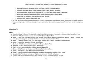 Diseño Curricular de la Educación Inicial - Ministerio de Educación de la Provincia de Córdoba
96
- situaciones conocidas: un viaje en tren, colectivo, un pic-nic en el lago, un programa de televisión,
- una obra de teatro que se ha visto, un video observado (el circo, un recital de música, por ejemplo),
- situaciones imaginarias: un viaje a la luna o al fondo del mar, o a la época de los castillos, los reyes y las princesas,
- la imitación de determinados personajes: por ejemplo, atletas, princesas, payasos, un cantante de rock,
- la imitación de una característica (forma de caminar, de hablar, de cantar),
- la incorporación de elementos del lenguaje del mimo.
 En su rol de “animador” corresponde al docente estimular a los niños para que puedan probar diferentes registros en sus juegos y no siempre reiteren los
mismos roles o personajes; animarlos a probar, experimentar, crear: a veces un objeto, un accesorio, una máscara, funcionan como estímulo para “largarse a
jugar”.
5. BIBLIOGRAFÍA
Plástica
Akoschky, J., Brandt, E., Spravkin, M. y otros (1998). Artes y Escuela. Aspectos curriculares y didácticos de la Educación Artística. Buenos Aires: Paidós.
Arnheim, R. (1993). Consideraciones sobre la educación artística .Barcelona, España: Paidós.
Brandt, E. (1998). Notas acerca de la evaluación en las disciplinas artísticas: el caso de la educación plástica. En Akoschky, J., Brandt, E., Spravkin, M. y
otros. Artes y escuela. Aspectos curriculares y didácticos de la educación artística. Buenos Aires: Paidós.
Brandt, E. y Moreau de Linares, L. (1999). En el Jardín maternal. Una visión desde la plástica. Buenos Aires: Tiempos Editoriales.
Bruner, J. (1989). Acción, pensamiento y lenguaje. Madrid: Alianza.
Gardner, H. (1997). Educación artística y desarrollo humano. Barcelona, España: Paidós.
Hargreaves, D. (1991). Infancia y educación artística. Madrid: Morata.
Coll, C. (1978). La conducta experimental en el niño. Barcelona, España: CEAC.
Eisner, E. (1987). Procesos cognitivos y currículum. Barcelona, España: Martínez Roca.
Eisner, E. (1995). Educar la visión artística. Barcelona, España: Paidós.
Eisner, E. (1998). El ojo ilustrado. Indagación cualitativa y mejora de la práctica educativa. Barcelona, España: Paidós.
Lurçat, L. (1982). Pintar, dibujar, escribir, pensar. El grafismo en el preescolar. Madrid: Cincel-Kapelusz.
Lurçat, L. (1985). Imprégnation et transmission à l'école maternelle. En Revue Française de Pedagogie, 71, 39-46.
 