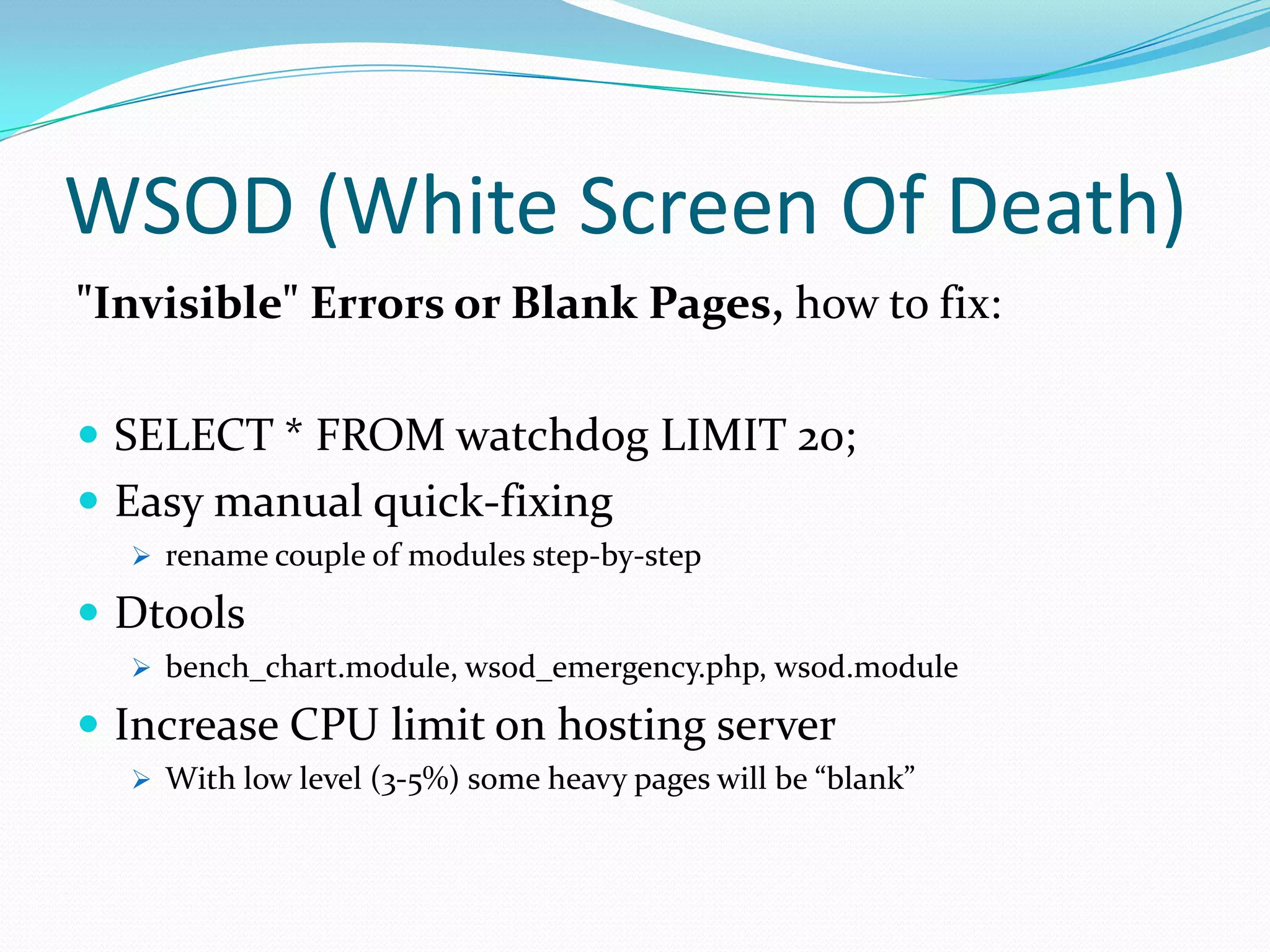 Execution time of 30s exceeded“Fatal error: Maximum execution time of 30 seconds exceeded in ….\includes\database.mysql.inc on line XXX”The default PHP timeout defined in php.ini is 30 seconds. This is too short for some activities like listing/enabling modules.max_execution_time 120; (php.ini)php_valuemax_execution_time 120 (.htaccess)ini_set(‘max_execution_time’, ‘120’) (settings.php)Set “max_execution_time “ = 3000 and Enjoy  (is very useful in testing stage)