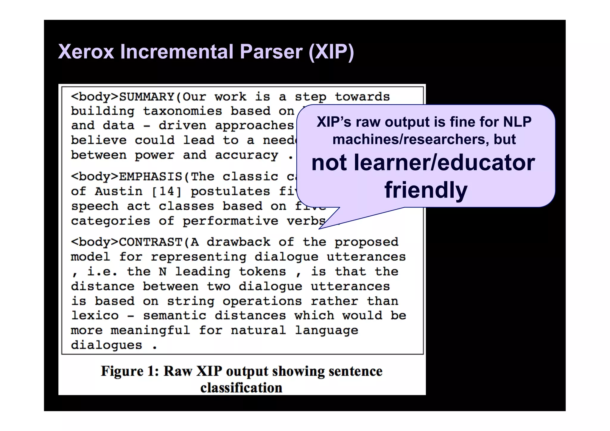 Xerox Incremental Parser (XIP)


                          XIP’s raw output is fine for NLP
                            machines/researchers, but
                         not learner/educator
                                friendly
 