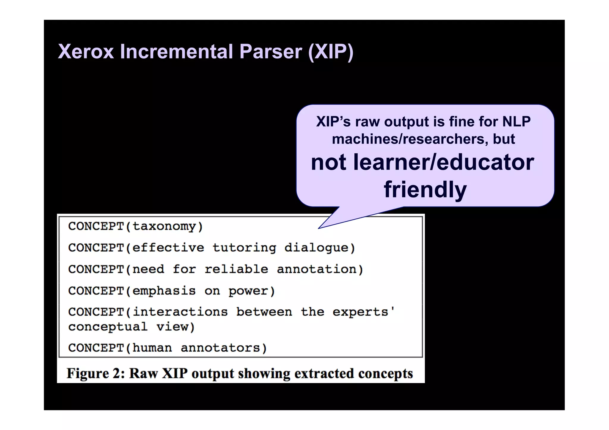 Xerox Incremental Parser (XIP)


                          XIP’s raw output is fine for NLP
                            machines/researchers, but
                         not learner/educator
                                friendly
 
