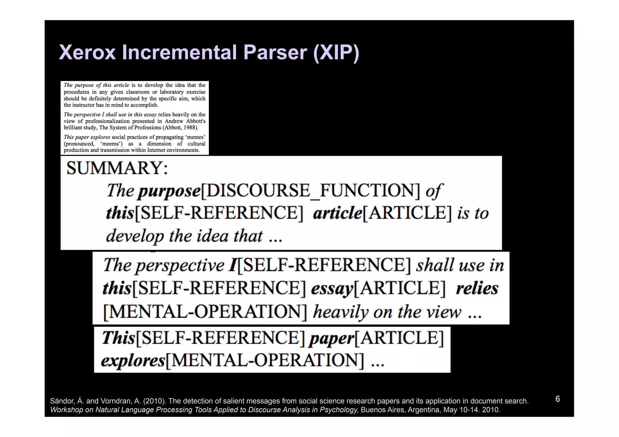 Xerox Incremental Parser (XIP)




Sándor, Á. and Vorndran, A. (2010). The detection of salient messages from social science research papers and its application in document search.   6
Workshop on Natural Language Processing Tools Applied to Discourse Analysis in Psychology, Buenos Aires, Argentina, May 10-14. 2010.
 