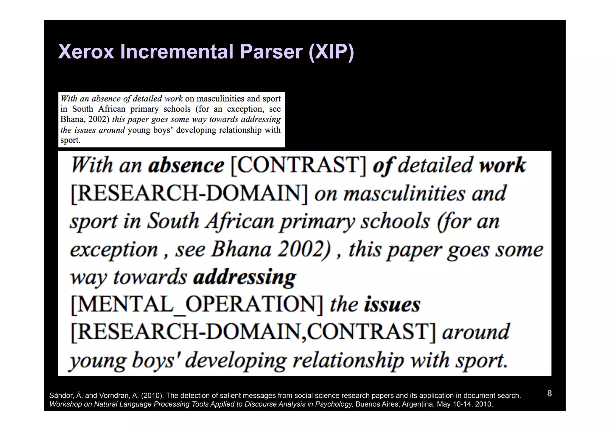 Xerox Incremental Parser (XIP)




Sándor, Á. and Vorndran, A. (2010). The detection of salient messages from social science research papers and its application in document search.   8
Workshop on Natural Language Processing Tools Applied to Discourse Analysis in Psychology, Buenos Aires, Argentina, May 10-14. 2010.
 