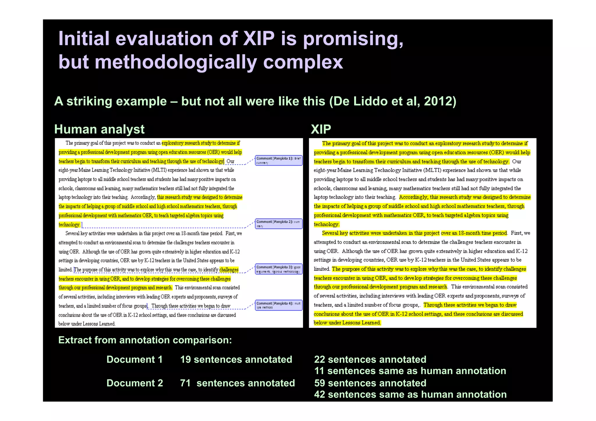 Initial evaluation of XIP is promising,
but methodologically complex
A striking example – but not all were like this (De Liddo et al, 2012)

Human analyst                                    XIP




Extract from annotation comparison:
         Document 1     19 sentences annotated   22 sentences annotated
                                                 11 sentences same as human annotation
         Document 2     71 sentences annotated   59 sentences annotated
                                                 42 sentences same as human annotation
 