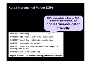Xerox Incremental Parser (XIP)


                          XIP’s raw output is fine for NLP
                            machines/researchers, but
                         not learner/educator
                                friendly
 
