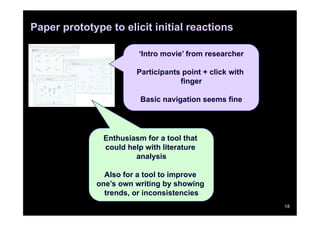Paper prototype to elicit initial reactions

                        ‘Intro movie’ from researcher

                        Participants point + click with
                                    finger

                         Basic navigation seems fine




               Enthusiasm for a tool that
               could help with literature
                       analysis

               Also for a tool to improve
             one’s own writing by showing
               trends, or inconsistencies
                                                          18
 