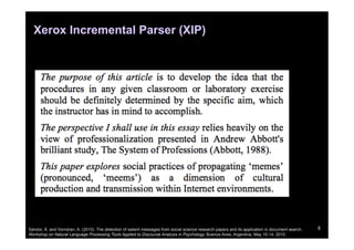 Xerox Incremental Parser (XIP)




Sándor, Á. and Vorndran, A. (2010). The detection of salient messages from social science research papers and its application in document search.   5
Workshop on Natural Language Processing Tools Applied to Discourse Analysis in Psychology, Buenos Aires, Argentina, May 10-14. 2010.
 