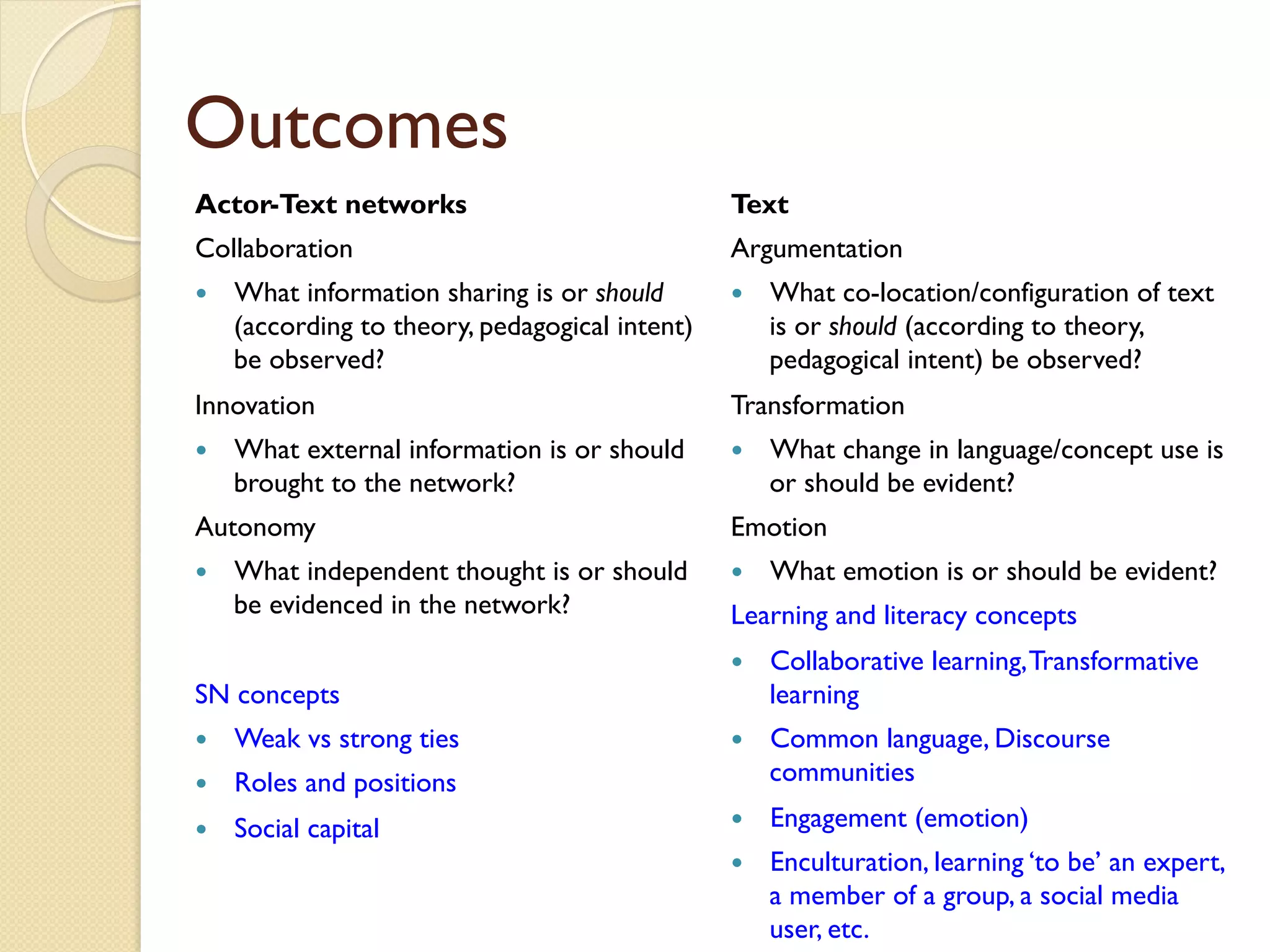 Outcomes
Actor-Text networks
Collaboration
—  What information sharing is or should
(according to theory, pedagogical intent)
be observed?
Innovation
—  What external information is or should
brought to the network?
Autonomy
—  What independent thought is or should
be evidenced in the network?
SN concepts
—  Weak vs strong ties
—  Roles and positions
—  Social capital
Text
Argumentation
—  What co-location/configuration of text
is or should (according to theory,
pedagogical intent) be observed?
Transformation
—  What change in language/concept use is
or should be evident?
Emotion
—  What emotion is or should be evident?
Learning and literacy concepts
—  Collaborative learning,Transformative
learning
—  Common language, Discourse
communities
—  Engagement (emotion)
—  Enculturation, learning ‘to be’ an expert,
a member of a group, a social media
user, etc.
 