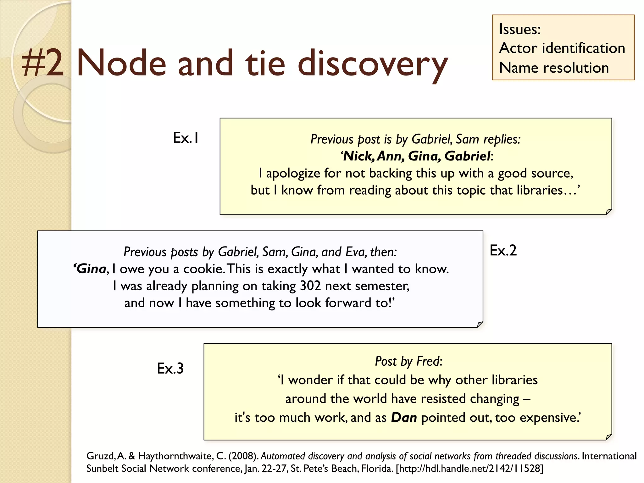 #2 Node and tie discovery
Previous post is by Gabriel, Sam replies:
‘Nick,Ann, Gina, Gabriel:
I apologize for not backing this up with a good source,
but I know from reading about this topic that libraries…’	
  
Previous posts by Gabriel, Sam, Gina, and Eva, then:
‘Gina, I owe you a cookie.This is exactly what I wanted to know.
I was already planning on taking 302 next semester,
and now I have something to look forward to!’	
  
Post by Fred:
‘I wonder if that could be why other libraries
around the world have resisted changing –
it's too much work, and as Dan pointed out, too expensive.’	
  
Ex.1	
  
Ex.2	
  
Ex.3	
  
Gruzd,A. & Haythornthwaite, C. (2008). Automated discovery and analysis of social networks from threaded discussions. International
Sunbelt Social Network conference, Jan. 22-27, St. Pete’s Beach, Florida. [http://hdl.handle.net/2142/11528]
Issues:
Actor identification
Name resolution
 