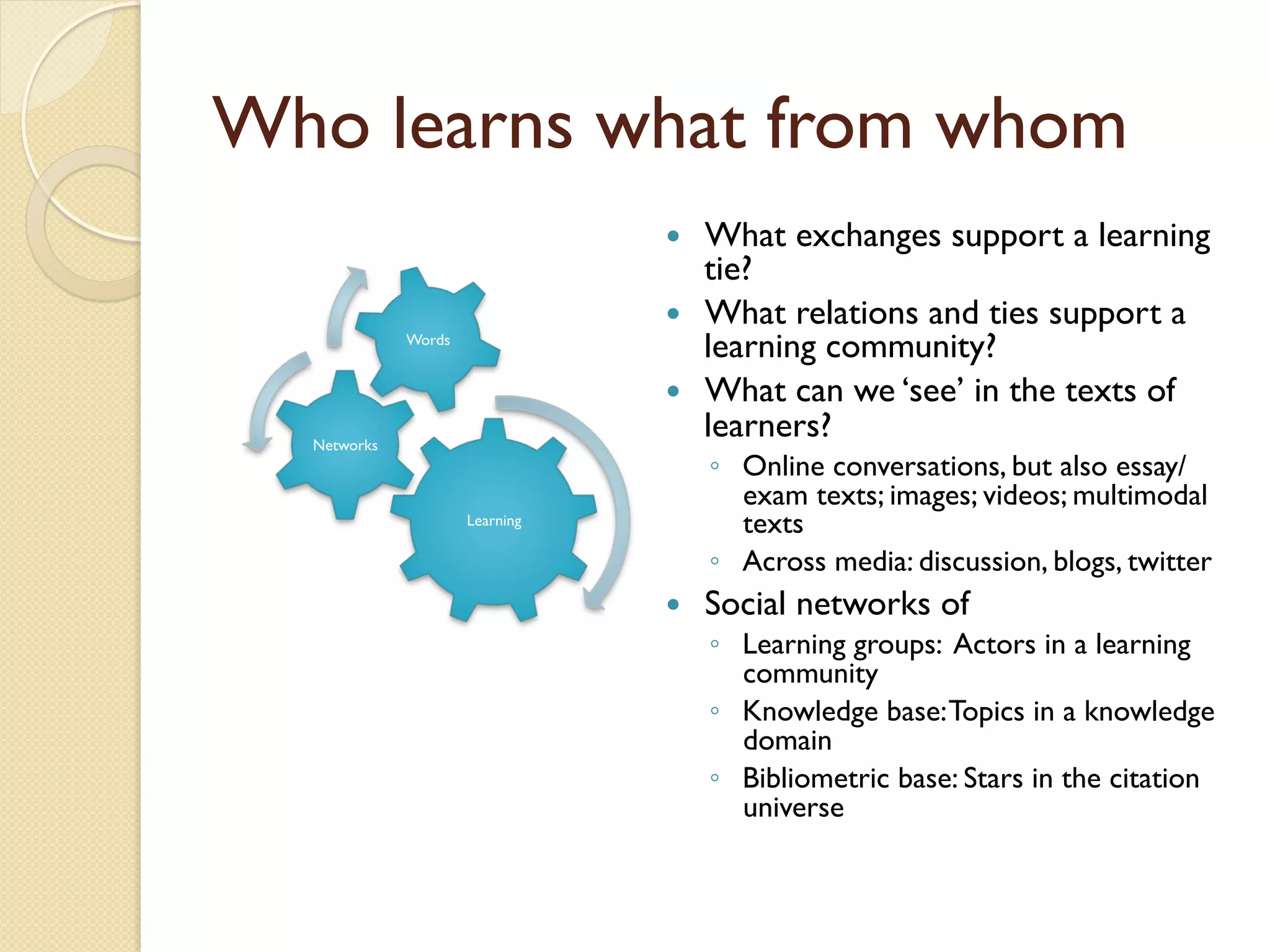 Who learns what from whom
Learning
Networks
Words
—  What exchanges support a learning
tie?
—  What relations and ties support a
learning community?
—  What can we ‘see’ in the texts of
learners?
◦  Online conversations, but also essay/
exam texts; images; videos; multimodal
texts
◦  Across media: discussion, blogs, twitter
—  Social networks of
◦  Learning groups: Actors in a learning
community
◦  Knowledge base:Topics in a knowledge
domain
◦  Bibliometric base: Stars in the citation
universe
 