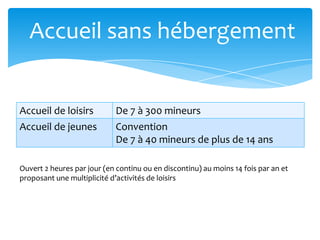 Accueil de loisirs De 7 à 300 mineurs
Accueil de jeunes Convention
De 7 à 40 mineurs de plus de 14 ans
Accueil sans hébergement
Ouvert 2 heures par jour (en continu ou en discontinu) au moins 14 fois par an et
proposant une multiplicité d’activités de loisirs
 