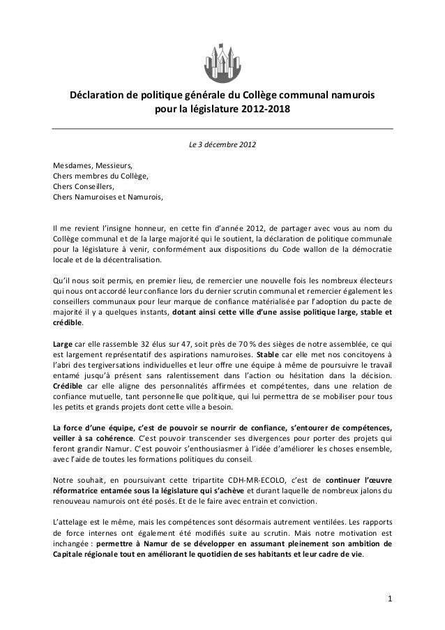 Déclaration de politique générale du collège communal 2012 