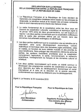 DéClaration De Reprise De CoopéRation France Cuba 30 11 2010