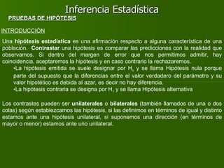 Inferencia Estadística INTRODUCCIÓN ,[object Object],[object Object],[object Object],[object Object],PRUEBAS DE HIPÓTESIS 