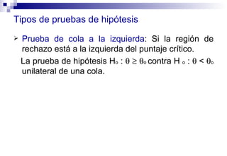 Tipos de pruebas de hipótesis Prueba de cola a la izquierda : Si la región de rechazo está a la izquierda del puntaje crítico.  La prueba de hipótesis H o  :         o  contra H  o  :     <    o  unilateral de una cola. 