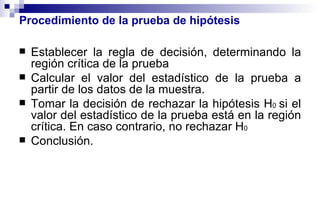 Establecer la regla de decisión, determinando la región crítica de la prueba Calcular el valor del estadístico de la prueba a partir de los datos de la muestra. Tomar la decisión de rechazar la hipótesis H 0  si el valor del estadístico de la prueba está en la región crítica. En caso contrario, no rechazar H 0   Conclusión. Procedimiento de la prueba de hipótesis 