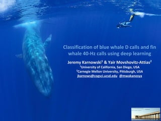 Jeremy Karnowski1
& Yair Movshovitz-Attias2
1
University of California, San Diego, USA
2
Carnegie Mellon University, Pittsburgh, USA
jkarnows@cogsci.ucsd.edu @mwakanosya
Classification of blue whale D calls and fin
whale 40-Hz calls using deep learning
 
