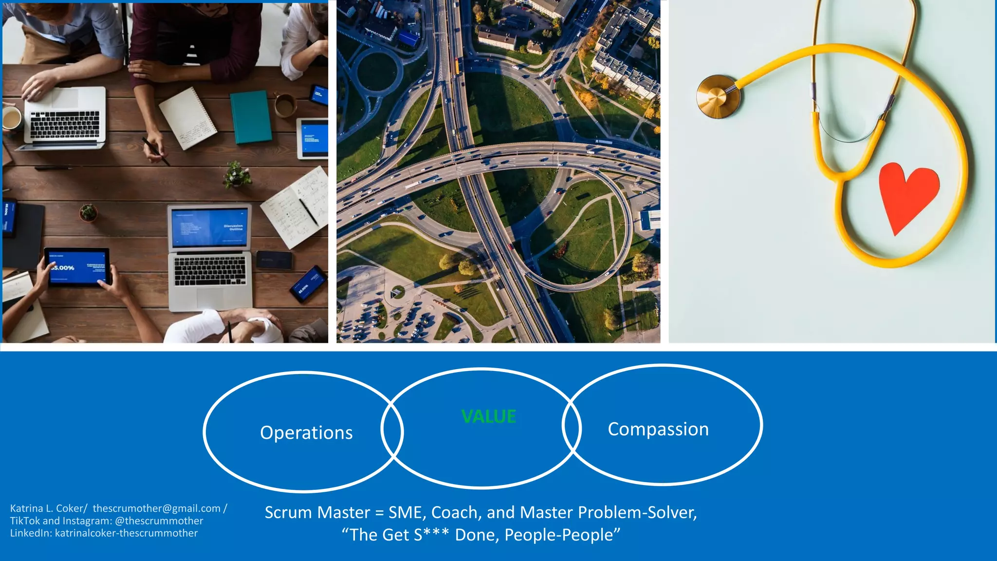 Operations Compassion
VALUE
Scrum Master = SME, Coach, and Master Problem-Solver,
“The Get S*** Done, People-People”
 