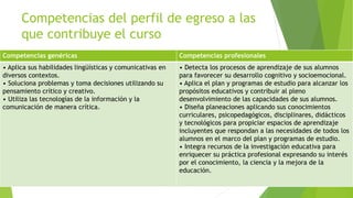Competencias del perfil de egreso a las
que contribuye el curso
Competencias genéricas Competencias profesionales
• Aplica sus habilidades lingüísticas y comunicativas en
diversos contextos.
• Soluciona problemas y toma decisiones utilizando su
pensamiento crítico y creativo.
• Utiliza las tecnologías de la información y la
comunicación de manera crítica.
• Detecta los procesos de aprendizaje de sus alumnos
para favorecer su desarrollo cognitivo y socioemocional.
• Aplica el plan y programas de estudio para alcanzar los
propósitos educativos y contribuir al pleno
desenvolvimiento de las capacidades de sus alumnos.
• Diseña planeaciones aplicando sus conocimientos
curriculares, psicopedagógicos, disciplinares, didácticos
y tecnológicos para propiciar espacios de aprendizaje
incluyentes que respondan a las necesidades de todos los
alumnos en el marco del plan y programas de estudio.
• Integra recursos de la investigación educativa para
enriquecer su práctica profesional expresando su interés
por el conocimiento, la ciencia y la mejora de la
educación.
 