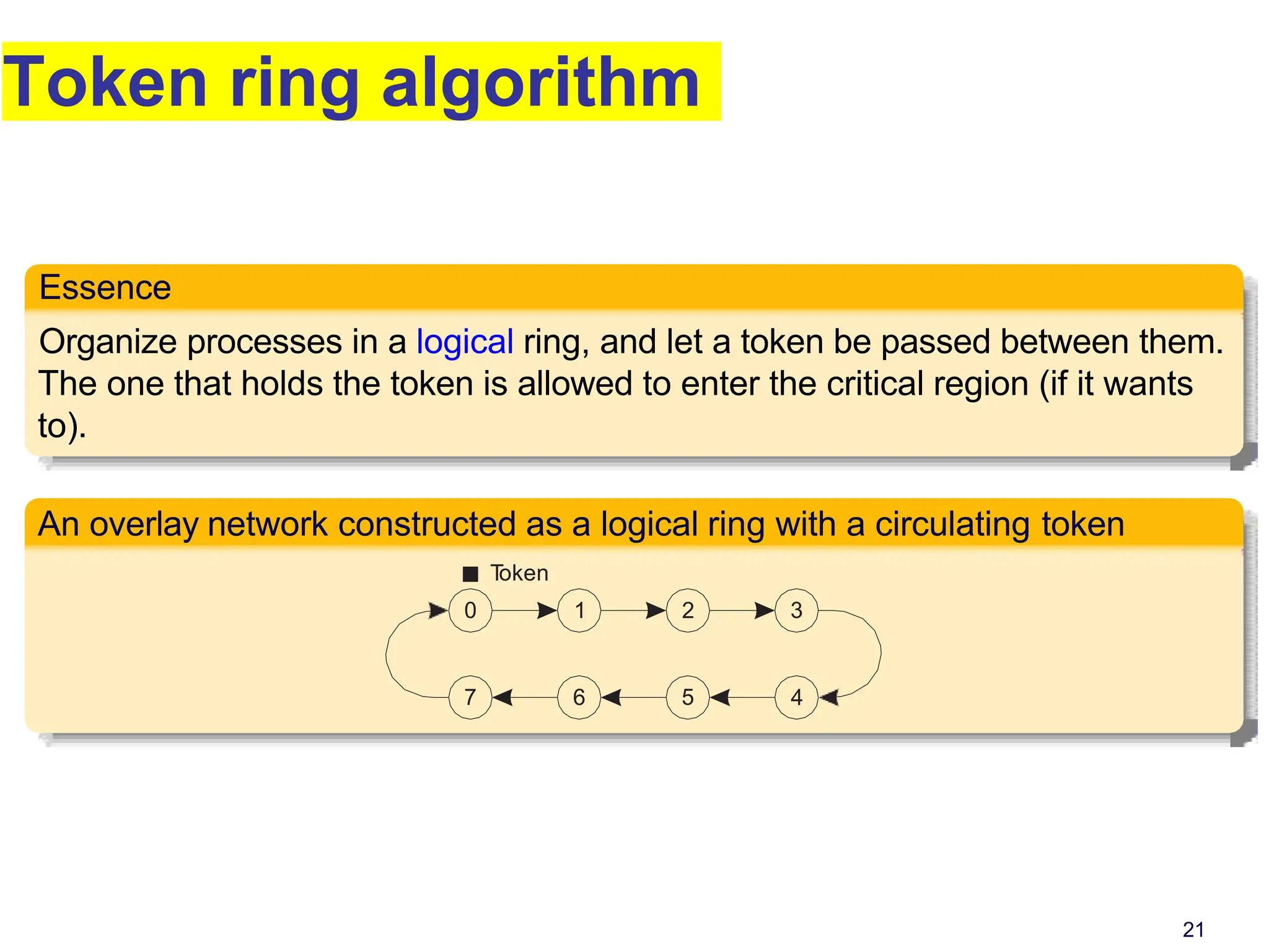 Token ring algorithm
Essence
Organize processes in a logical ring, and let a token be passed between them.
The one that holds the token is allowed to enter the critical region (if it wants
to).
An overlay network constructed as a logical ring with a circulating token
0 1 2 3
4
5
6
7
T
oken
21
 