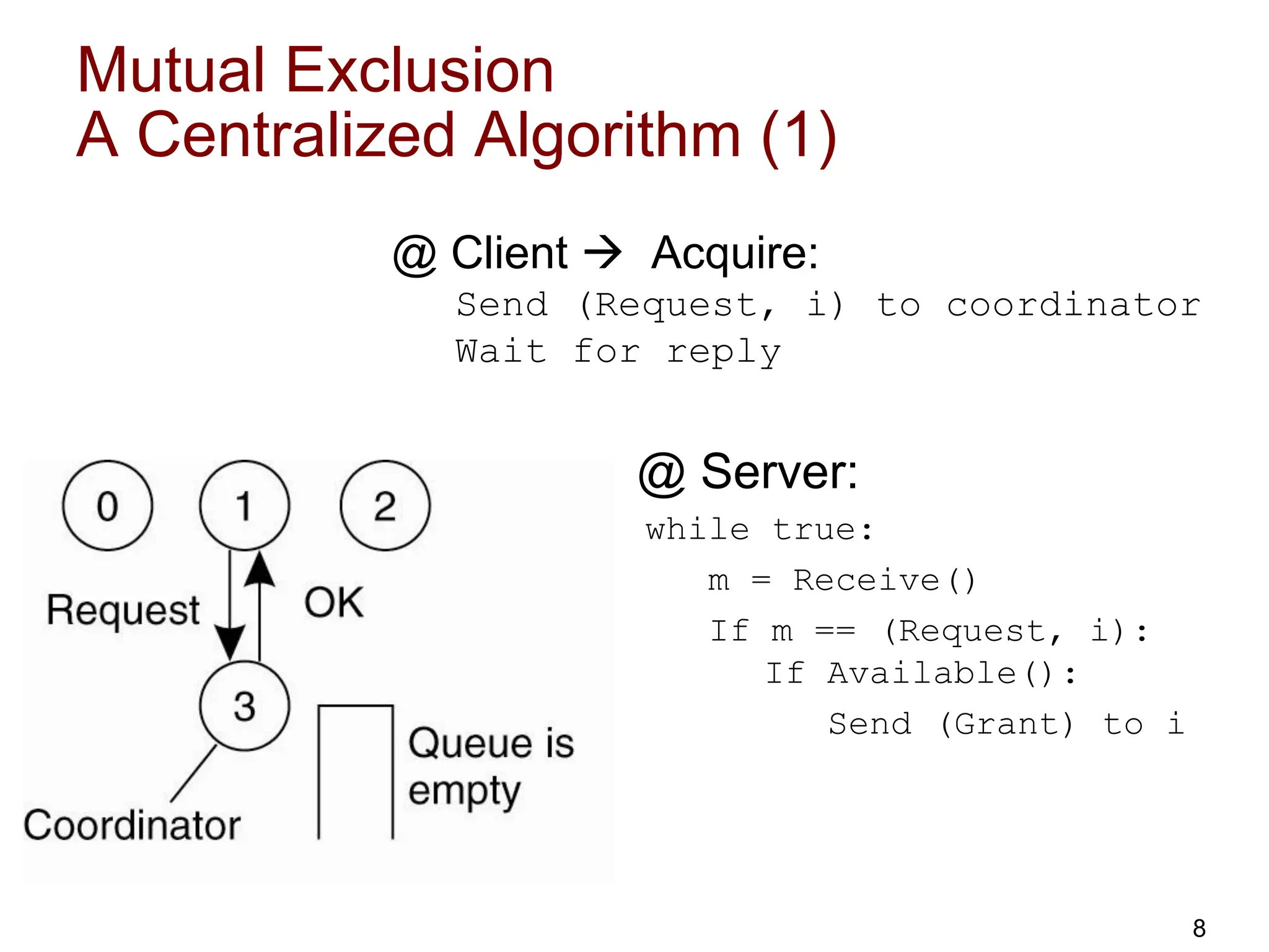 Mutual Exclusion
A Centralized Algorithm (1)
@ Client  Acquire:
Send (Request, i) to coordinator
Wait for reply
@ Server:
while true:
m = Receive()
If m == (Request, i):
If Available():
Send (Grant) to i
8
 