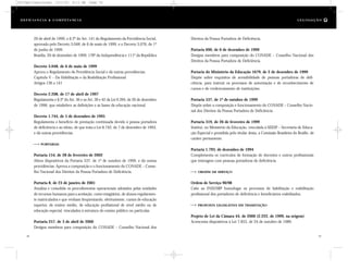 Direitos da Pessoa Portadora de Deficiência.
Portaria 690, de 6 de dezembro de 1999
Designa membros para composição do CONADE – Conselho Nacional dos
Direitos da Pessoa Portadora de Deficiência.
Portaria do Ministério da Educação 1679, de 2 de dezembro de 1999
Dispõe sobre requisitos de acessibilidade de pessoas portadoras de defi-
ciência, para instruir os processos de autorização e de reconhecimento de
cursos e de credenciamento de instituições.
Portaria 537, de 1º de outubro de 1999
Dispõe sobre a composição e funcionamento do CONADE – Conselho Nacio-
nal dos Direitos da Pessoa Portadora de Deficiência.
Portaria 319, de 26 de fevereiro de 1999
Institui, no Ministério da Educação, vinculada à SEESP – Secretaria de Educa-
ção Especial e presidida pelo titular desta, a Comissão Brasileira do Braille, de
caráter permanente.
Portaria 1.793, de dezembro de 1994
Complementa os currículos de formação de docentes e outros profissionais
que interagem com pessoas portadoras de deficiência.
ORDEM DE SERVIÇO
Ordem de Serviço 90/98
Cabe ao INSS/SRP homologar os processos de habilitação e reabilitação
profissional dos portadores de deficiência e beneficiários reabilitados.
PROPOSTA LEGISLATIVA EM TRAMITAÇÃO
Projeto de Lei da Câmara 44, de 2000 (2.222, de 1999, na origem)
Acrescenta dispositivos à Lei 7.853, de 24 de outubro de 1989.
20 de abril de 1999, o § 2º do Art. 141 do Regulamento da Previdência Social,
aprovado pelo Decreto 3.048, de 6 de maio de 1999, e o Decreto 3.076, de 1º
de junho de 1999.
Brasília, 20 de dezembro de 1999; 178º da Independência e 111º da República
Decreto 3.048, de 6 de maio de 1999
Aprova o Regulamento da Previdência Social e dá outras providências.
Capítulo V – Da Habilitação e da Reabilitação Profissional
Artigos 136 a 141
Decreto 2.208, de 17 de abril de 1997
Regulamenta o § 2º do Art. 36 e os Art. 39 e 42 da Lei 9.394, de 20 de dezembro
de 1996, que estabelece as definições e as bases da educação nacional.
Decreto 1.744, de 5 de dezembro de 1995
Regulamenta o benefício de prestação continuada devido à pessoa portadora
de deficiência e ao idoso, de que trata a Lei 8.742, de 7 de dezembro de 1993,
e dá outras providências.
PORTARIAS
Portaria 154, de 28 de fevereiro de 2002
Altera dispositivos da Portaria 537, de 1º de outubro de 1999, e dá outras
providências. Aprova a composição e o funcionamento do CONADE – Conse-
lho Nacional dos Direitos da Pessoa Portadora de Deficiência.
Portaria 8, de 23 de janeiro de 2001
Atualiza e consolida os procedimentos operacionais adotados pelas unidades
de recursos humanos para a aceitação, como estagiários, de alunos regularmen-
te matriculados e que venham freqüentando, efetivamente, cursos de educação
superior, de ensino médio, de educação profissional de nível médio ou de
educação especial, vinculados à estrutura do ensino público ou particular.
Portaria 257, de 3 de abril de 2000
Designa membros para composição do CONADE – Conselho Nacional dos
78 79
D e f ic i ê n c i a & C o m p e t ê nc i a L E G I S LA Ç Ã O
DC/Cap3/Legislação 13/1/03 8:11 AM Page 78
 