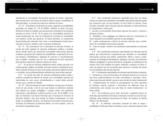 § 1º – São considerados professores capacitados para atuar em classes
comuns com alunos que apresentam necessidades educacionais especiais aqueles
que comprovem que, em sua formação, de nível médio ou superior, foram
incluídos conteúdos sobre educação especial adequados ao desenvolvimento
de competências e valores para:
I – perceber as necessidades educacionais especiais dos alunos e valorizar a
educação inclusiva;
II – flexibilizar a ação pedagógica nas diferentes áreas de conhecimento de
modo adequado às necessidades especiais de aprendizagem;
III – avaliar continuamente a eficácia do processo educativo para o atendi-
mento de necessidades educacionais especiais;
IV – atuar em equipe, inclusive com professores especializados em educação
especial.
§ 2º – São considerados professores especializados em educação especial
aqueles que desenvolveram competências para identificar as necessidades
educacionais especiais para definir, implementar, liderar e apoiar a imple-
mentação de estratégias de flexibilização, adaptação curricular, procedimentos
didáticos pedagógicos e práticas alternativas, adequados ao atendimentos das
mesmas, bem como trabalhar em equipe, assistindo o professor de classe co-
mum nas práticas que são necessárias para promover a inclusão dos alunos
com necessidades educacionais especiais.
§ 3º – Os professores especializados em educação especial deverão comprovar:
I – formação em cursos de licenciatura em educação especial ou em uma de
suas áreas, preferencialmente de modo concomitante e associado à licen-
ciatura para educação infantil ou para os anos iniciais do ensino fundamental;
II – complementação de estudos ou pós-graduação em áreas específicas
da educação especial, posterior à licenciatura nas diferentes áreas de
conhecimento, para atuação nos anos finais do ensino fundamental e no
ensino médio;
§ 4º – Aos professores que já estão exercendo o magistério devem ser
oferecidas oportunidades de formação continuada, inclusive em nível de espe-
cialização, pelas instâncias educacionais da União, dos Estados, do Distrito
Federal e dos Municípios.
Art. 19 – As diretrizes curriculares nacionais de todas as etapas e
modalidades da Educação Básica estendem-se para a educação especial, assim
atendimento às necessidades educacionais especiais de alunos, respeitadas,
além das diretrizes curriculares nacionais de todas as etapas e modalidades da
Educação Básica, as normas dos respectivos sistemas de ensino.
Art. 16 – É facultado às instituições de ensino, esgotadas as possibilidades
pontuadas nos Artigos 24 e 26 da LDBEN, viabilizar ao aluno com grave
deficiência mental ou múltipla, que não apresentar resultados de escolarização
previstos no Inciso I do Art. 32 da mesma Lei, terminalidade específica do
ensino fundamental, por meio da certificação de conclusão de escolaridade,
com histórico escolar que apresente, de forma descritiva, as competências
desenvolvidas pelo educando, bem como o encaminhamento devido para a
educação de jovens e adultos e para a educação profissional.
Art. 17 – Em consonância com os princípios da educação inclusiva, as
escolas das redes regulares de educação profissional, públicas e privadas,
devem atender alunos que apresentem necessidades educacionais especiais,
mediante a promoção das condições de acessibilidade, a capacitação de recur-
sos humanos, a flexibilização e adaptação do currículo e o encaminhamento
para o trabalho, contando, para tal, com a colaboração do setor responsável
pela educação especial do respectivo sistema de ensino.
§ 1º – As escolas de educação profissional podem realizar parcerias com
escolas especiais, públicas ou privadas, tanto para construir competências neces-
sárias à inclusão de alunos em seus cursos quanto para prestar assistência técnica
e convalidar cursos profissionalizantes realizados por essas escolas especiais.
§ 2º – As escolas das redes de educação profissional podem avaliar e
certificar competências laborais de pessoas com necessidades especiais não
matriculadas em seus cursos, encaminhando-as, a partir desses procedi-
mentos, para o mundo do trabalho.
Art. 18 – Cabe aos sistemas de ensino estabelecer normas para o funciona-
mento de suas escolas, a fim de que essas tenham as suficientes condições
para elaborar seu projeto pedagógico e possam contar com professores
capacitados e especializados, conforme previsto no Art. 59 da LDBEN e com
base nas Diretrizes Curriculares Nacionais para a Formação de Docentes da
Educação Infantil e dos Anos Iniciais do Ensino Fundamental, em nível
médio, na modalidade Normal, e nas Diretrizes Curriculares Nacionais para a
Formação de Professores da Educação Básica, em nível superior, curso de
licenciatura de graduação plena.
86 87
D e f ic i ê n c i a & C o m p e t ê nc i a L E G I S LA Ç Ã O
DC/Cap3/Legislação 13/1/03 8:11 AM Page 86
 