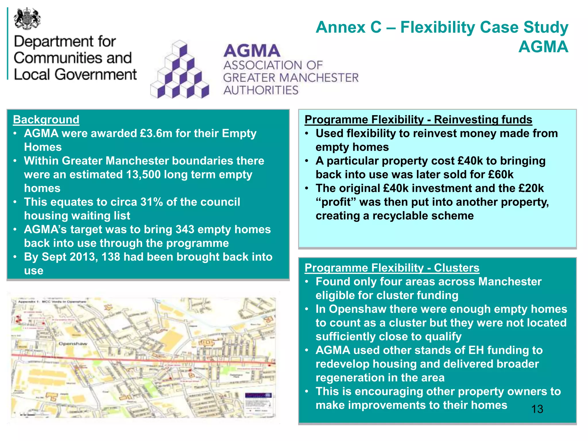 Annex C – Flexibility Case Study
AGMA
Background
• AGMA were awarded £3.6m for their Empty
Homes
• Within Greater Manchester boundaries there
were an estimated 13,500 long term empty
homes
• This equates to circa 31% of the council
housing waiting list
• AGMA’s target was to bring 343 empty homes
back into use through the programme
• By Sept 2013, 138 had been brought back into
use
Programme Flexibility - Reinvesting funds
• Used flexibility to reinvest money made from
empty homes
• A particular property cost £40k to bringing
back into use was later sold for £60k
• The original £40k investment and the £20k
“profit” was then put into another property,
creating a recyclable scheme
Programme Flexibility - Clusters
• Found only four areas across Manchester
eligible for cluster funding
• In Openshaw there were enough empty homes
to count as a cluster but they were not located
sufficiently close to qualify
• AGMA used other stands of EH funding to
redevelop housing and delivered broader
regeneration in the area
• This is encouraging other property owners to
make improvements to their homes 13
 