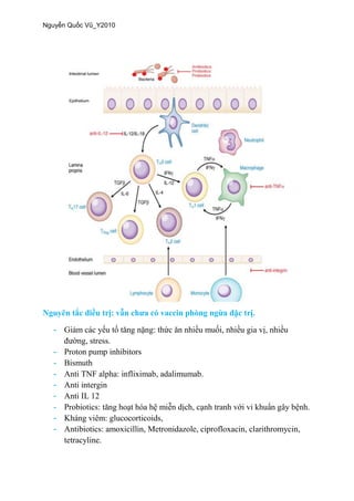 -
.
- Proton pump inhibitors
- Bismuth
- Anti TNF alpha: infliximab, adalimumab.
- Anti intergin
- Anti IL 12
- Probiotics:
-
- Antibiotics: amoxicillin, Metronidazole, ciprofloxacin, clarithromycin,
tetracyline.
 
