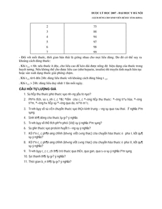 1. Sù hÊp thu thuèc phô thuéc vµo nh÷ng yÕu tè nµo?
2. Ph©n tÝch, so s¸nh c¸c ®Æc ®iÓm cña c¸c ®­êng hÊp thu thuèc: ®­êng tiªu hãa, ®­êng
tiªm, ®­êng h« hÊp vµ ®­êng qua da, niªm m¹c.
3. Tr×nh bµy vÒ sù vËn chuyÓn thuèc vµo thÇn kinh trung ­¬ng vµ qua rau thai. nghÜa l©m
sµng.
4. Sinh kh¶ dông cña thuèc lµ g×? ý nghÜa.
5. Tr×nh bµy vÒ thÓ tÝch ph©n phèi (Vd) vµ ý nghÜa l©m sµng?
6. Sù g¾n thuèc vµo protein huyÕt t­¬ng vµ ý nghÜa?
7. KÓ tªn c¸c ph¶n øng chÝnh (kh«ng viÕt c«ng thøc) cña chuyÓn hãa thuèc ë pha I, kÕt qu¶
vµ ý nghÜa?
8. KÓ tªn c¸c ph¶n øng chÝnh (kh«ng viÕt c«ng t høc) cña chuyÓn hãa thuèc ë pha II, kÕt qu¶
vµ ý nghÜa?
9. Tr×nh bµy c¸c c¸ch th¶i trõ thuèc qua thËn, qua gan, qua s÷a vµ ý nghÜa l©m sµng.
10. §é thanh th¶i lµ g×? ý nghÜa?
11. Thêi gian b¸n th¶i lµ g×? ý nghÜa?
 